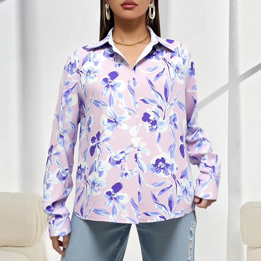 

Mia Muse Women's Autumn Shirts Daily Basic Floral Full Print Long Sleeve Shirt Collar Button Front Casual Shirts