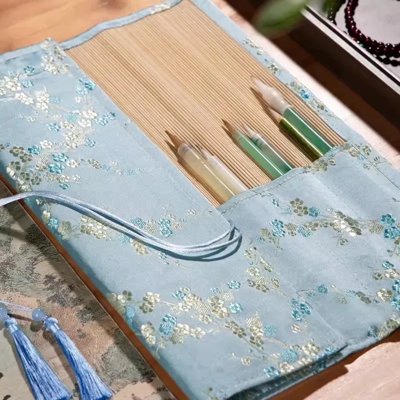 Traditional Chinese Style Calligraphy Brush Holder - Handmade Pen Roll for Ink Brushes (7 Slots) - Painting & Writing Accessorie
