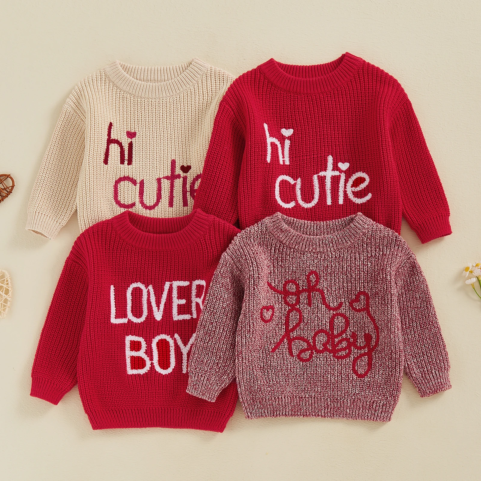 MISOWMNJOY New Knitted Baby Sweater for Girls Boys Winter Autumn Long Sleeve Children Jumper Pullover Valentine’s Day Clothes