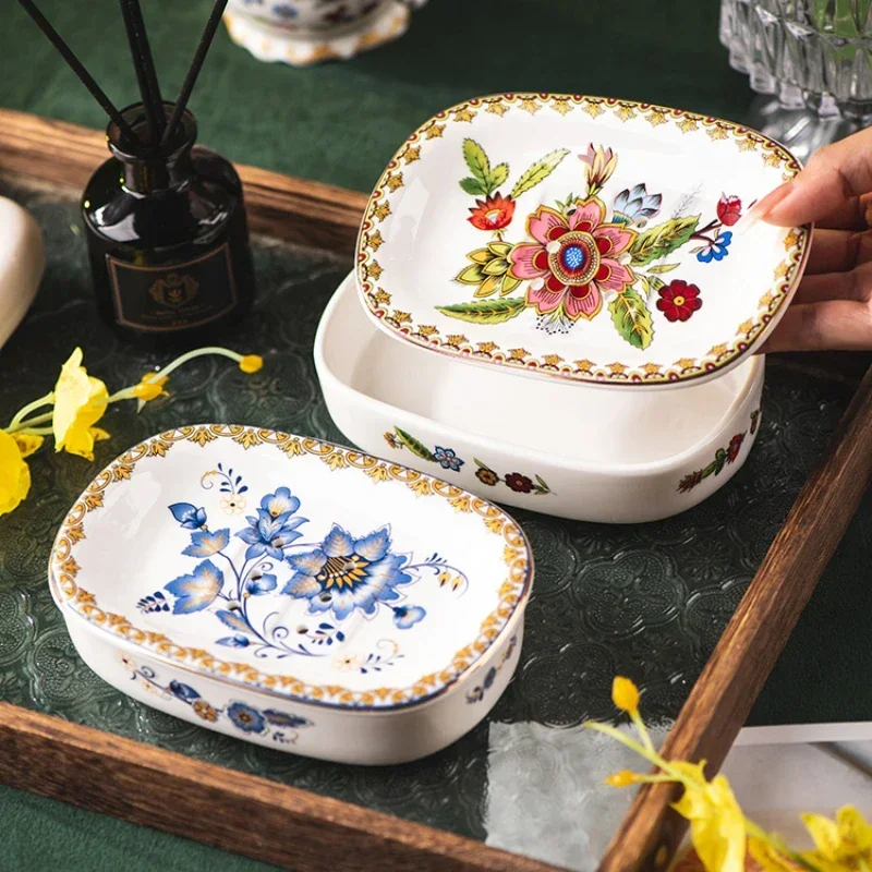 French Soap Box Ceramic Drain Holder Flower Pattern Design Soap Dish Toilet Soap Storage Rack Bathroom Accessories 2024 New