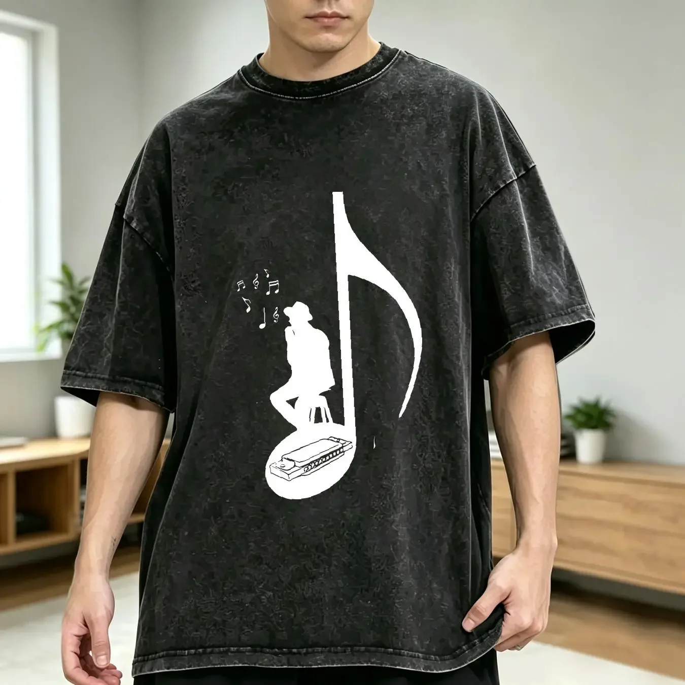 washed T Shirt Harmonica Player Harp For Man Woman Mouth Organ Instrument Blues Band Music Musician vintage Washed Versatile