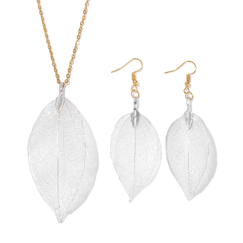 Women's Electroplated Gold Leaves Necklace & Drop Earrings Set