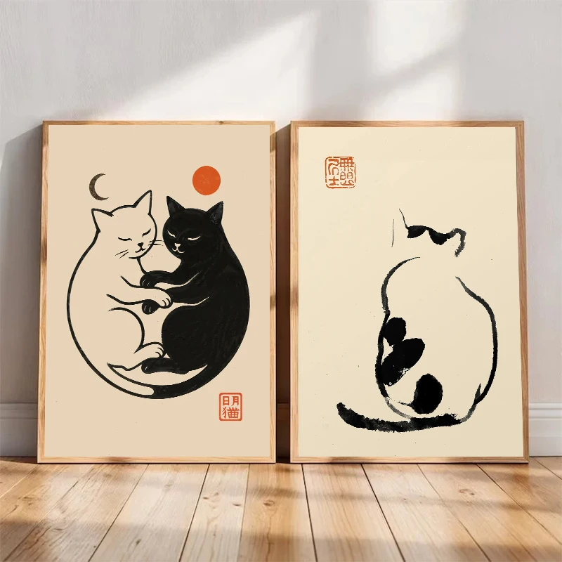 الحد الأدنى اليابانية القط المشارك القط الأسود بواسطة ماتسوموتو هوجي ، سومي-E الخشب اللوحة قماش طباعة جدار ديكور فني كوادروس #2