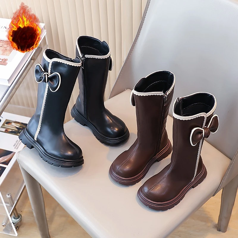 

Girls Princess High Boots with Sweet Bowknot Kids Long Boots Korean Style 2025 Autumn Winter Children Fashion Leather Boots Soft