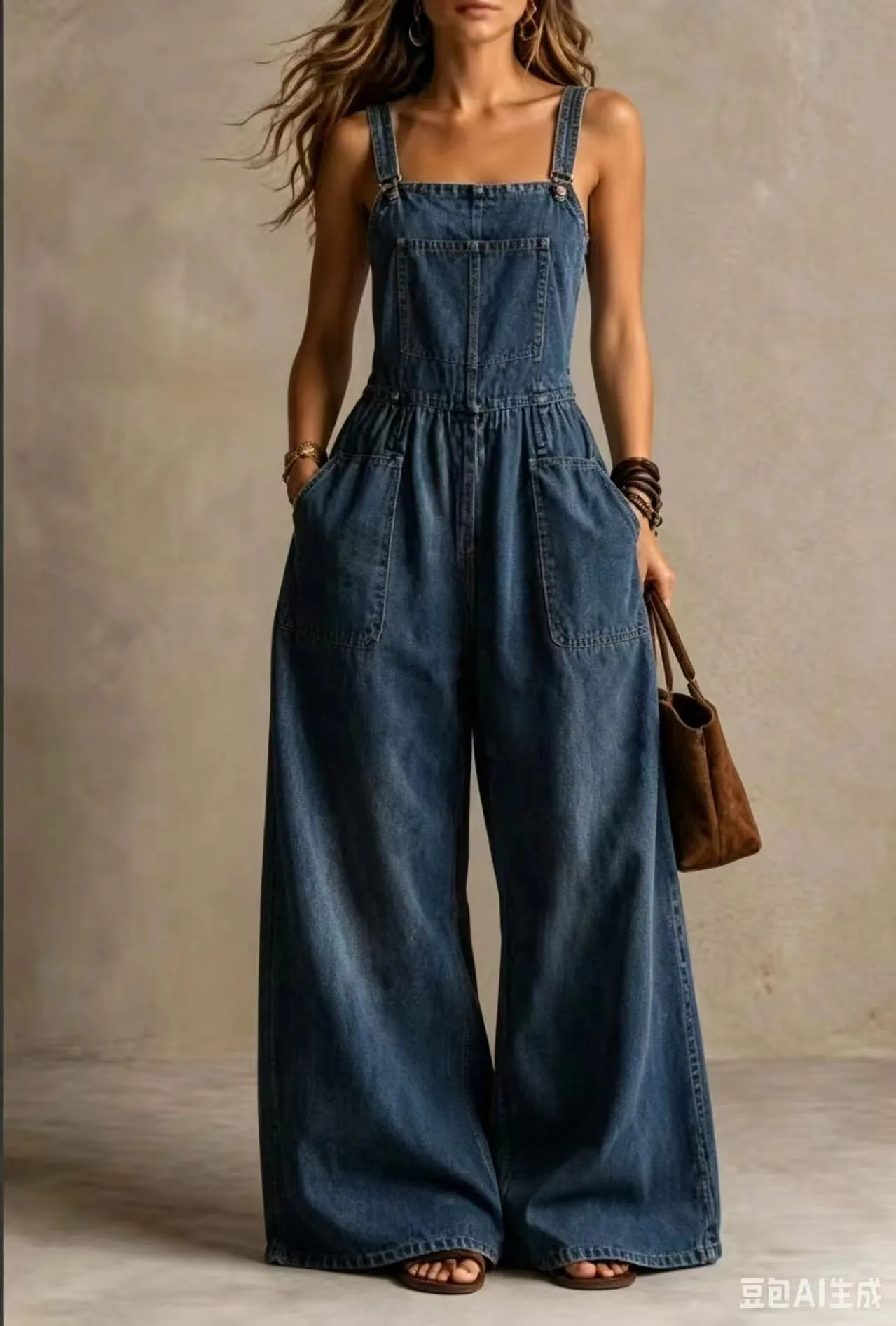 Women Vintage Denim Overall Jumpsuit Square‑neck Elastic Waist Wide‑Leg Baggy Overalls Casual Sleeveless Long Pants Romper 2026