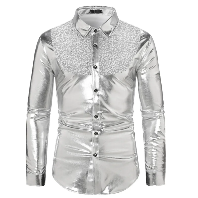 #4638 camicia con paillettes lucide da uomo manica lunga Dance Clubwear camicia Hip Hop camicie da uomo Regular Fit nero oro argento blu rosso