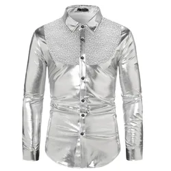 #4638 Shiny Sequins Shirt Men Long Sleeve Dance Clubwear Hip Hop Shirt Mens Shirts Regular Fit Black Gold Silver Blue Red