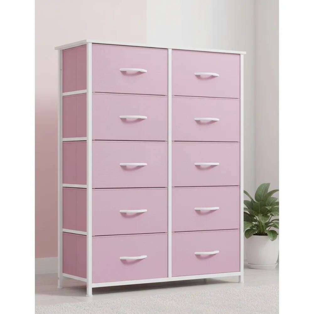 

10 Drawer Fabric Storage Tower - Pink Organizer for Living Room, Hallway, Closet with Sturdy Steel Frame & Wooden Top