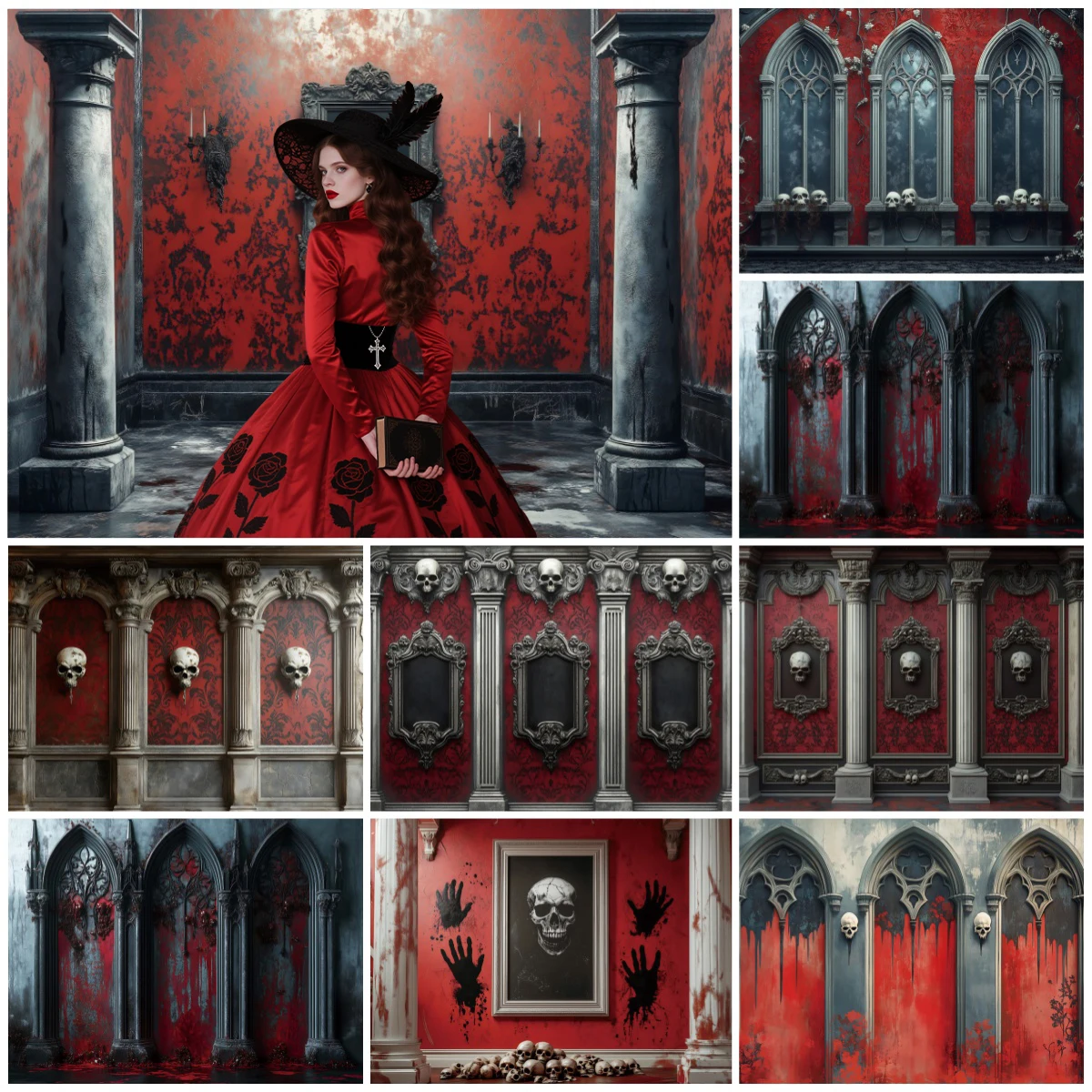 هالوين الديكور صور الخلفيات خمر القلعة الحمراء جدار الهياكل العظمية الكبار صورة عيد ميلاد الأسرة الأصدقاء خلفيات الحفلات