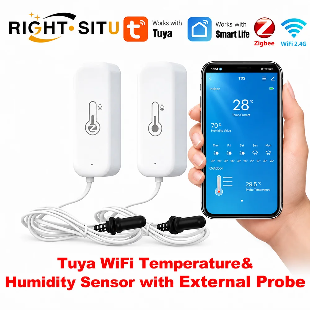 Sensor de temperatura e humidade Tuya Zigbee WiFi com sonda externa, compatível com sistemas de casas inteligentes, Smart Life, Alexa e Google Home.