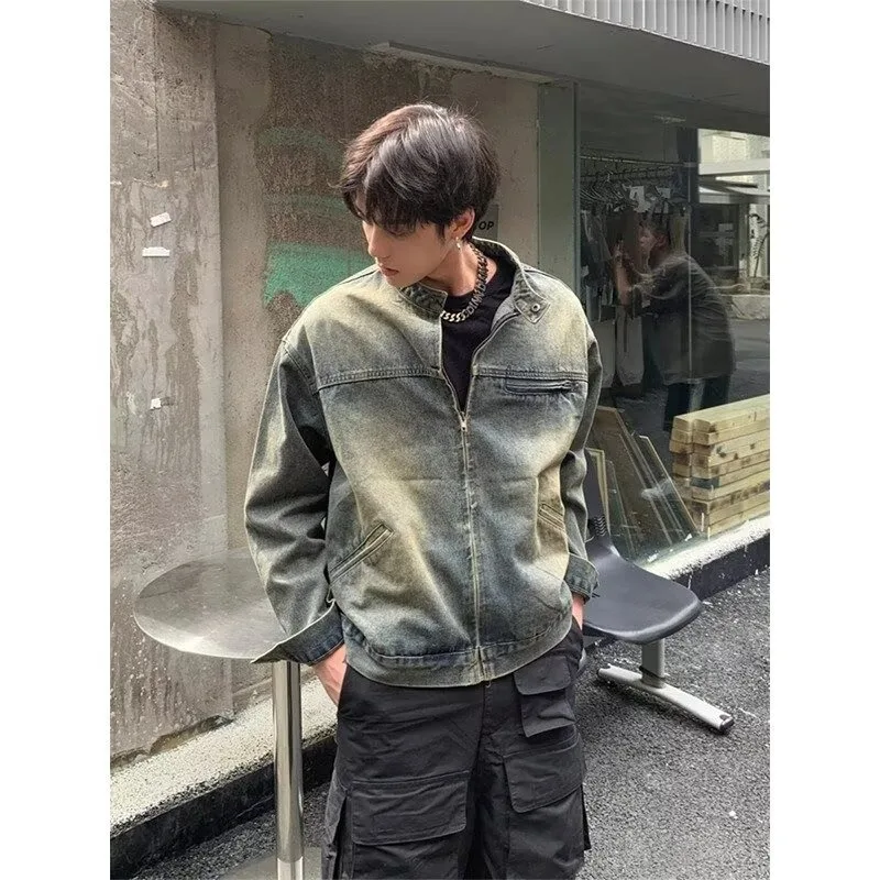 

Retro American ort Denim Jaet for Men Autumn Winter Stand Collar Workwear Sle Youthful Vitali Windproof Zipper Closure