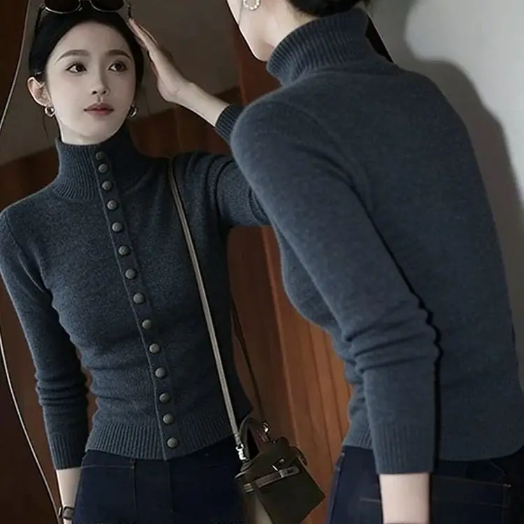 

High-End Women's Knitted Sweater Base Layer Shirt Autumn Winter Anti-Ball Chinese Production Long Sleeve High Collar Color