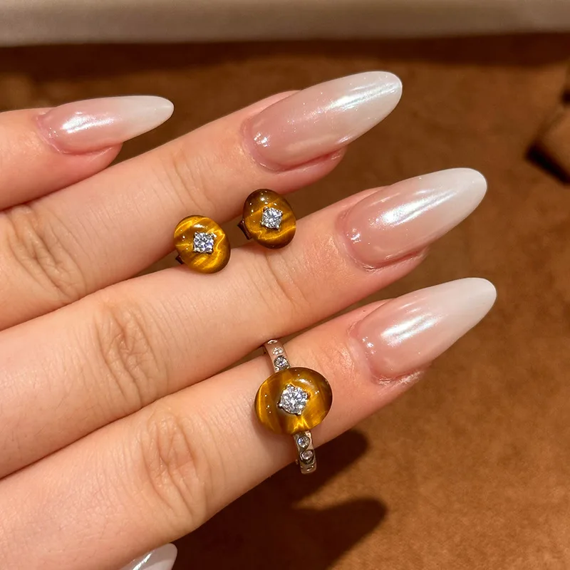 

Retro Simple Glossy Elliptical Tiger Eye Stone Ring earrings for women Exquisite Charm Brown series banquet Jewelry sets
