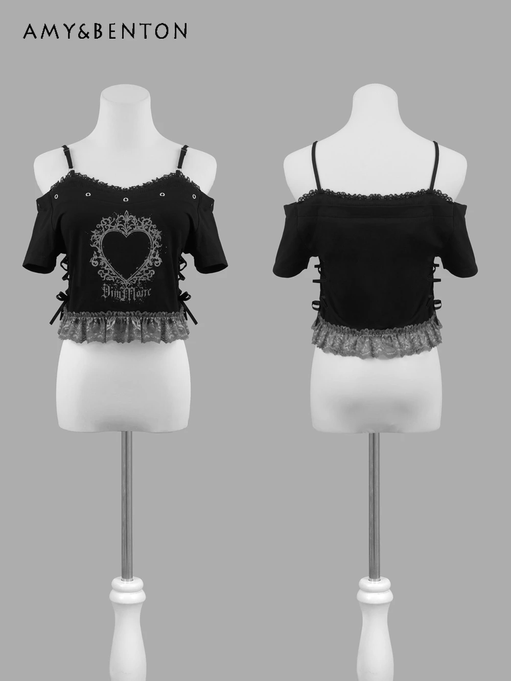 

Japanese Harajuku Style Retro Heart Letter Print Lace Trim Off-Shoulder Camisole Short Sleeve Top Gothic Sweet Girl Short Tops