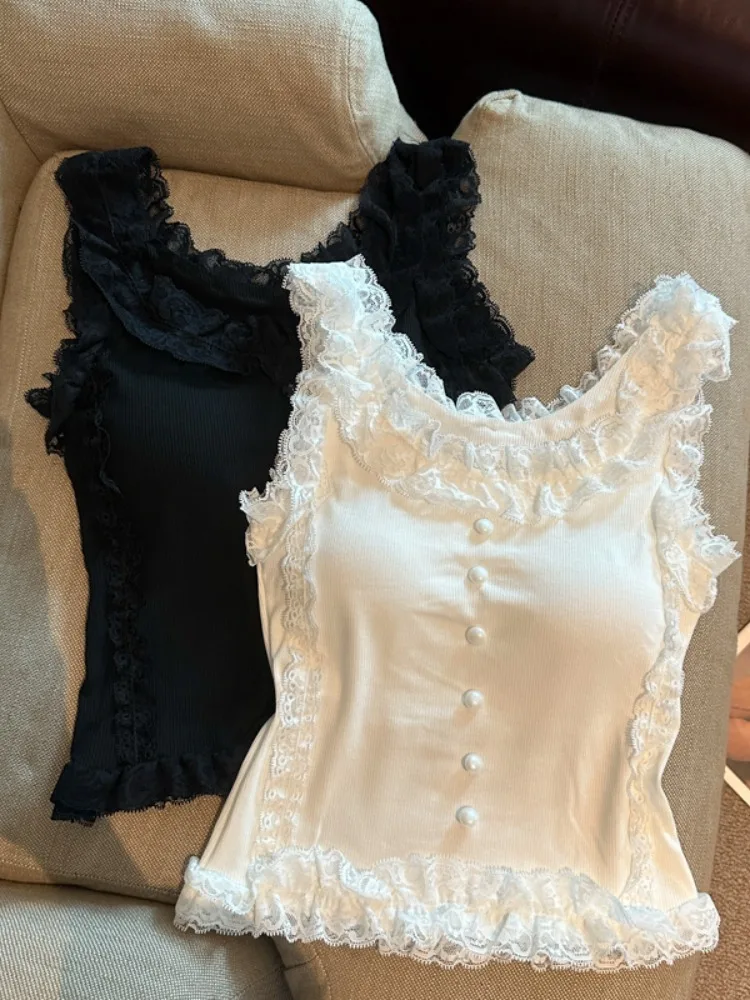 

Pure Desire Lace Trim Splice Button Knitted Strap Vest with Chest Pad Summer New Slim Fit Short Top Women's Fashion Korean Style