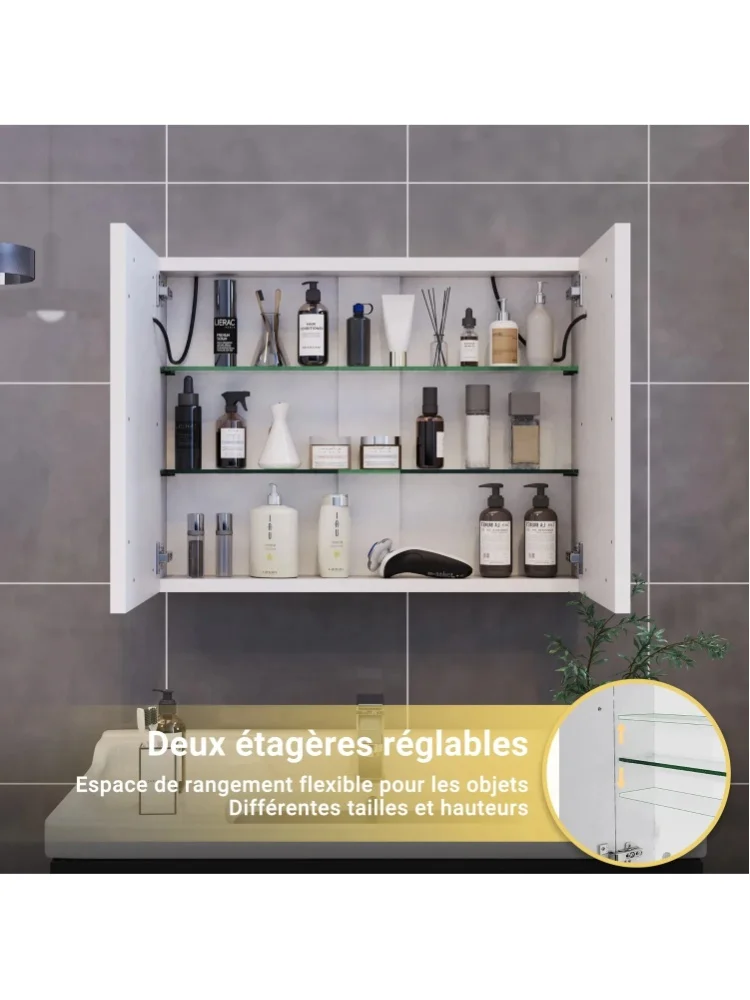 Superaly Badezimmerspiegelschrank, mit LED-Beleuchtung, 80×13,5×60 cm Doppeltüriger Badezimmerspiegelschrank, 3 Farbtemperaturen und dimmbar, für Badezimmer, Schlafzimmer, Weiß