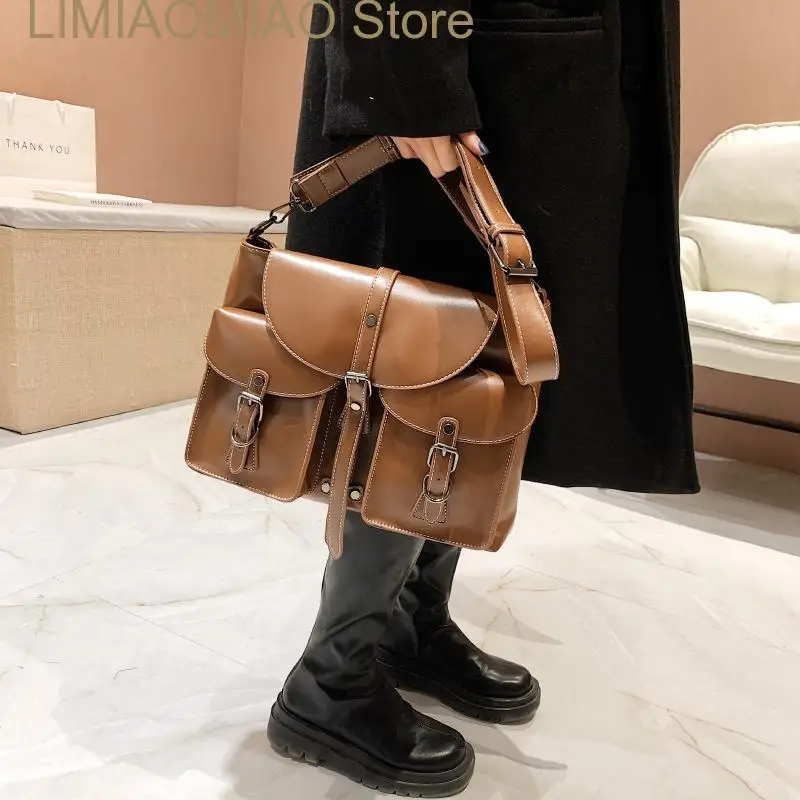 New Retro Multiple Pockets Bag PU Leather Crossbody Bags for Women Hit Trend Women's Branded Trending Side Bag Shoulder Handbag