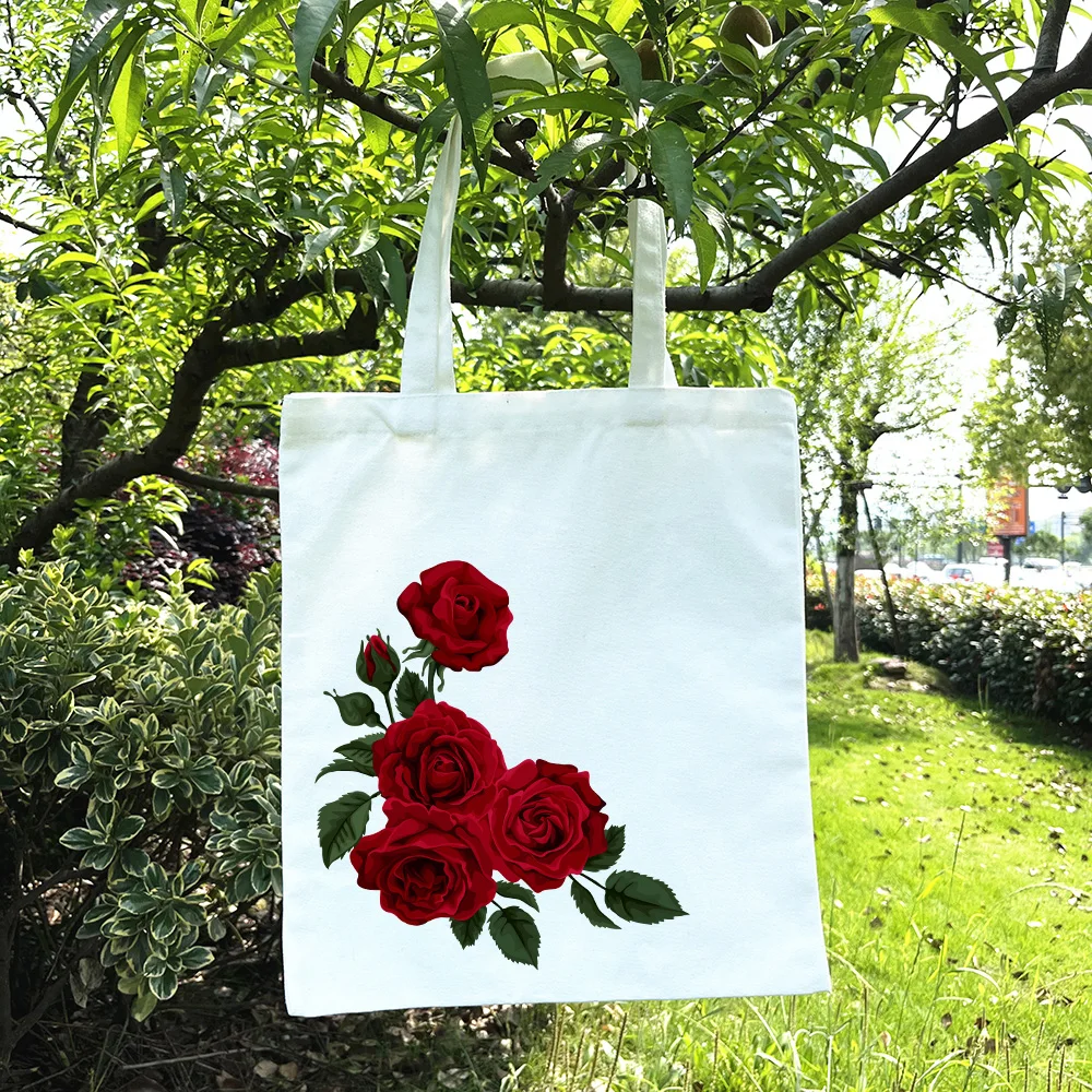 Romantic Rose Floral Printed Shoulder Bag for Women Large Capacity Tote Bag Lightweight Casual Canvas Shopping Bag Girls Handbag