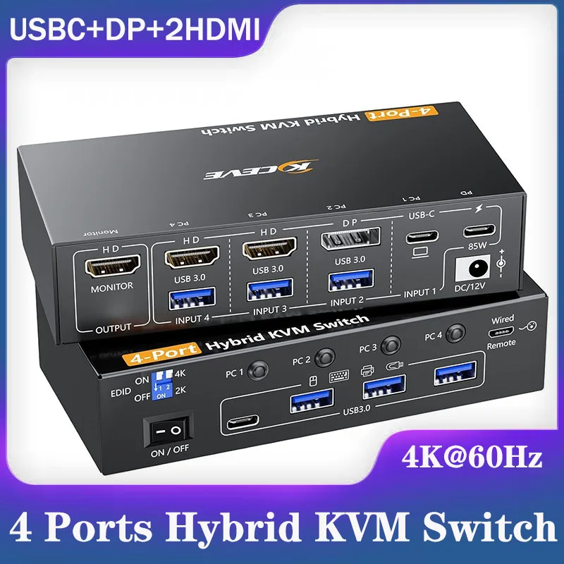 

4 Ports Hybrid KVM Switch,4K@60Hz USB C HDMI DP 4 Computer 1 Monitors KVM Switch Allow 4 PC Share 1 Monitors and 4 USB Devices