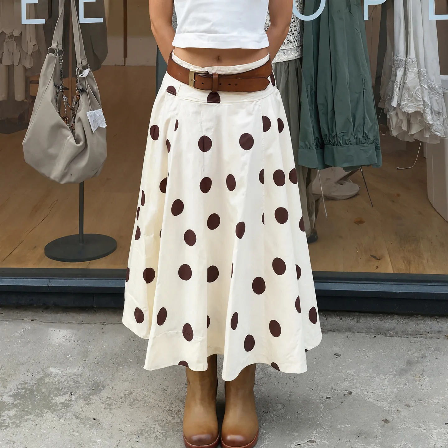 

Vintage Polka Dot A-Line Skirt for Women,Elegant Contrast Color Flattering Midi Skirt,Casual Daily Office Date Retro Outfit