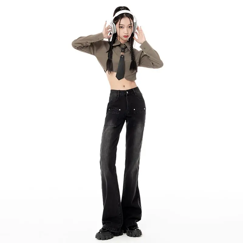 MiiiiX American Retro Brown Boot Cut Jeans Women Long Pants Autumn New Fashion Design High Waist Slim Straight Women's Trousers