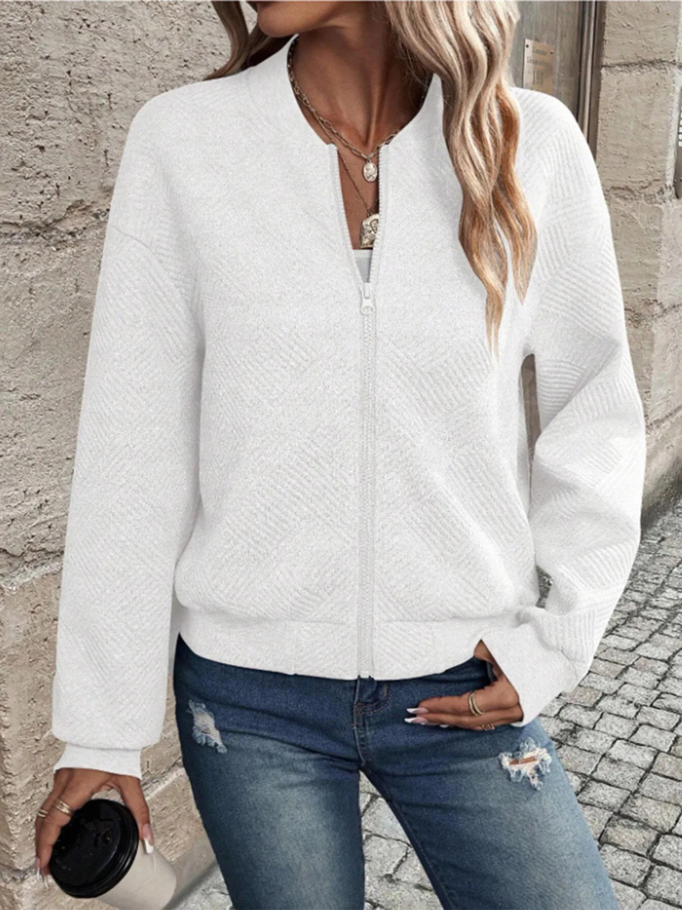 2024 European and American new women\'s autumn long sleeved knitted cardigan zipper decoration temperament solid color jacket