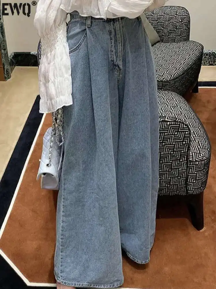 [EWQ] Eenknopplekken Denim Broek voor Vrouwen – Strakke, Hoge Taille, Brede Beensnede voor Streetwear Stijl 2025