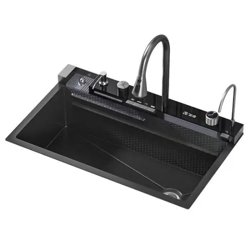 Multifunctional Whale Flying Rain Waterfall Kitchen Honeycomb Sink, Single Slot Digital Display Stainless Steel Vegetable Basin