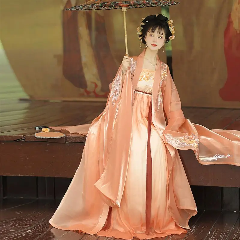 Hanfu ชุดเดรสสไตล์จีนวินเทจสำหรับผู้หญิงชุดเดรสสำหรับเต้นแบบนางฟ้าปักลายดอกไม้ชุดเจ้าหญิงแสนหวาน