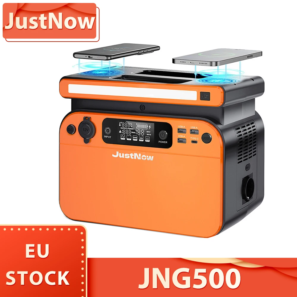 JustNow 500W Portable Power Station, 518Wh LiFePO4 Battery, with AC/Car Port/USB Output, LCD Display, Dual 10W Wireless Charging