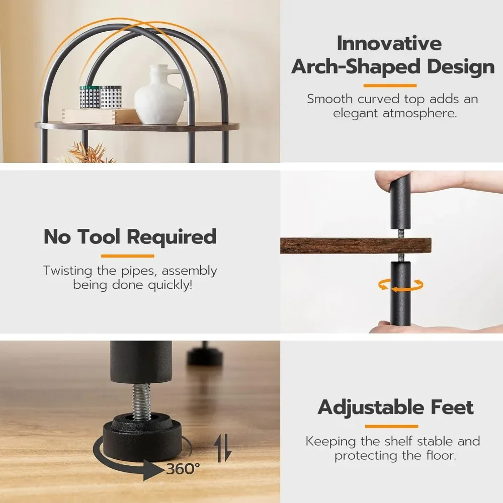 5 Tier Open Bookshelf, Industrial Arched Bookcase Display Shelf Racks, Wooden Bookcase Storage Shelves Metal Frame