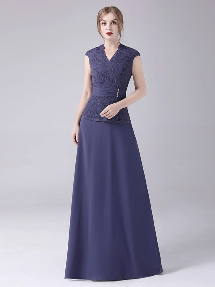 Purple Lace Chiffon Long Mother Of Bride Dresses With Short Sleeves Women Modest V Neck Cap Sleeves Wedding Party Dress A-Line