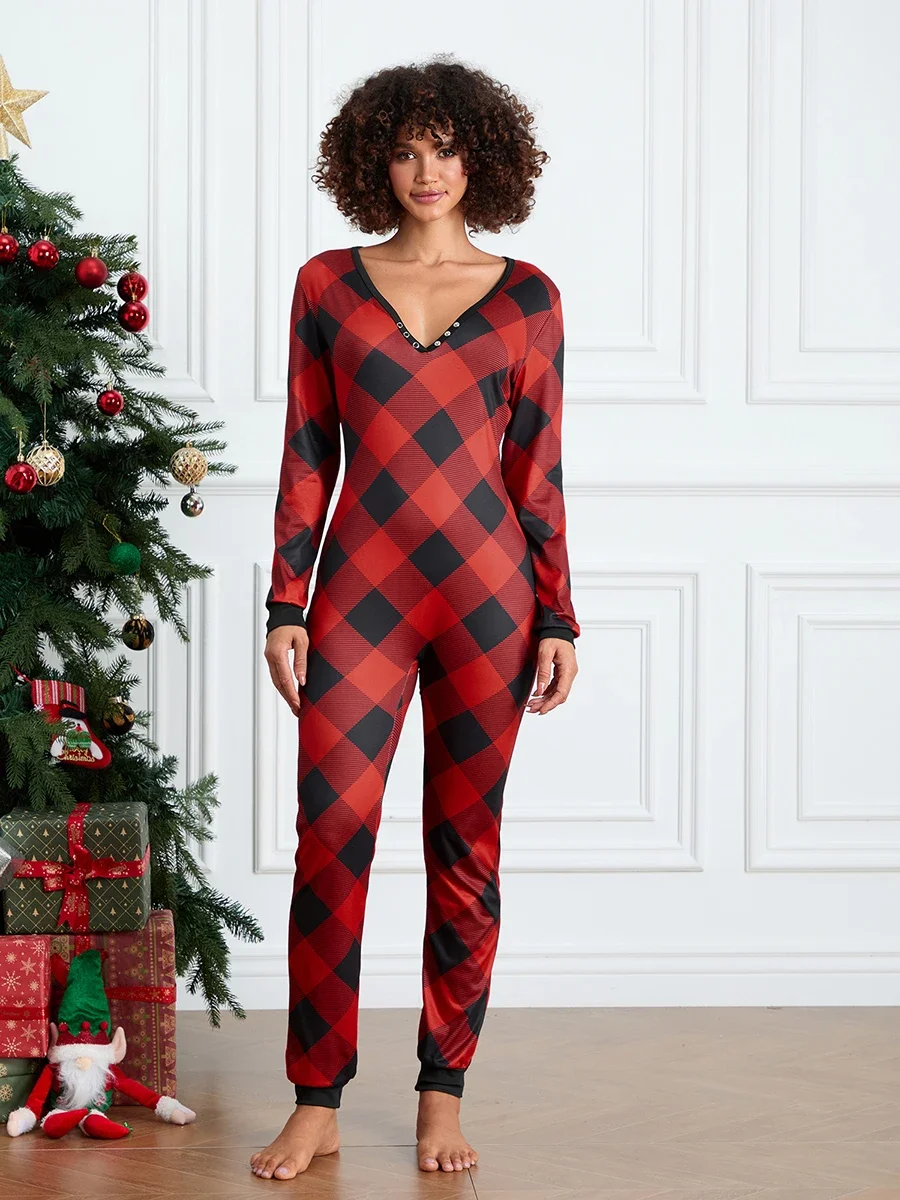 Nuove donne di moda pigiama natalizio tuta plaid renna stampa maniche lunghe scollo a V slim fit pagliaccetto vendita calda S-XL