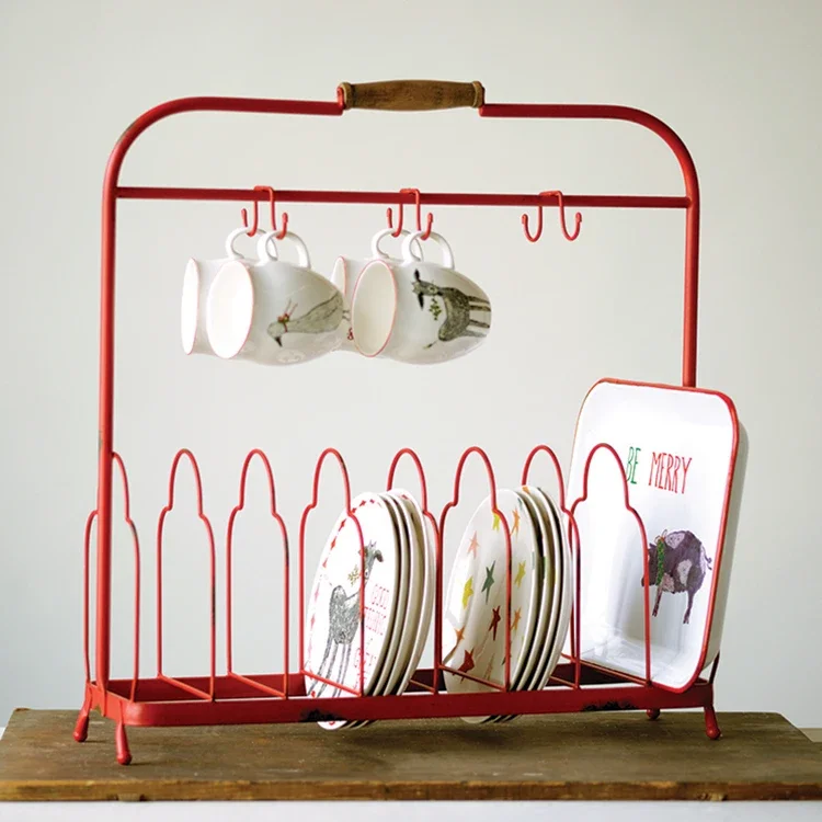 Vintage Household Mug Coffee Cup: Creative Hook Drain Rack, Red Iron Tableware Tray, Grocery Storage Rack, Kitchen Shelf