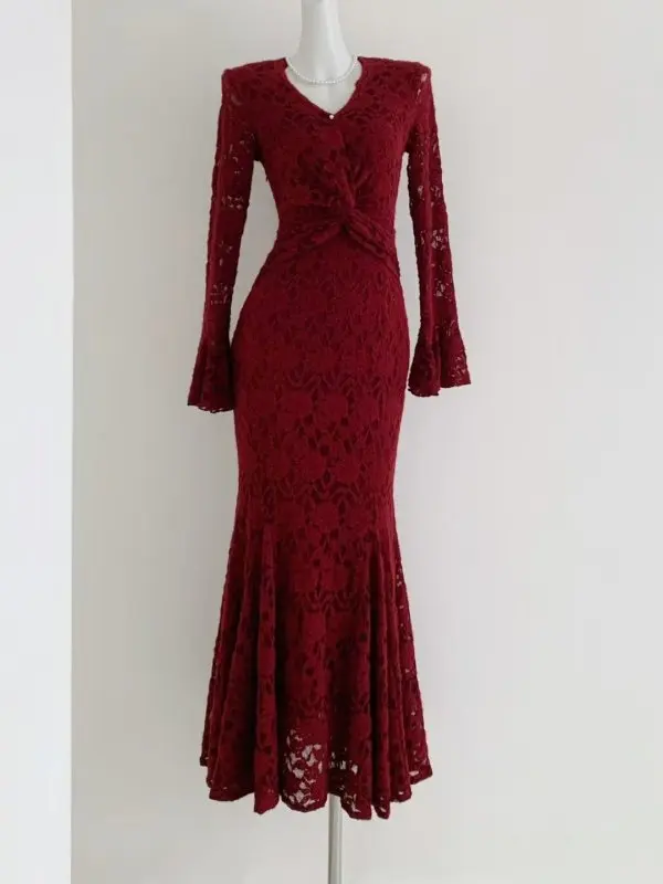 Vintage Elegant Red Lace Long Sleeve Evening Dress Women Spring V-neck Knot Bodycon Mermaid Luxury Party Prom Vestidos Gown Robe