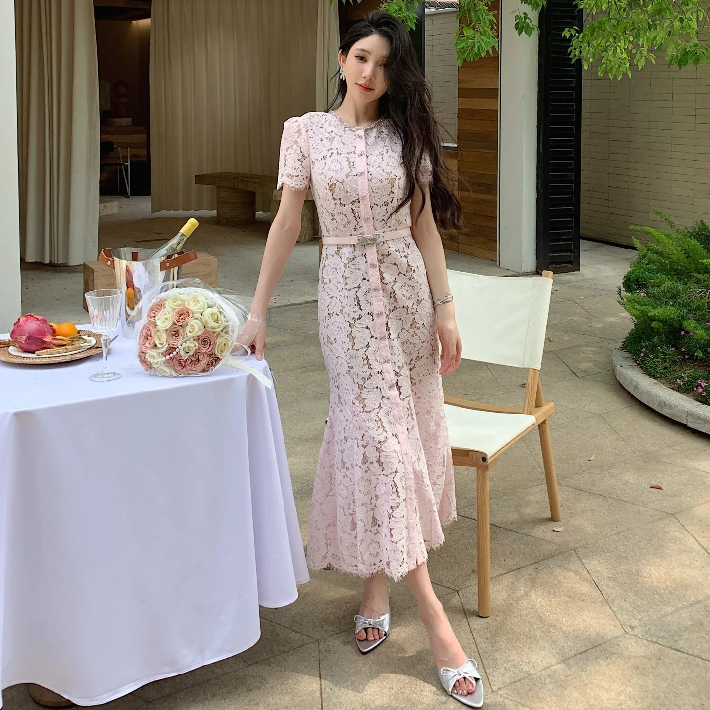 Summer Luxury Formal Evening Lace Dresses Women Single Breasted Bead Bow Short Sleeve Elegant Mermaid Party Birthday Long Dress