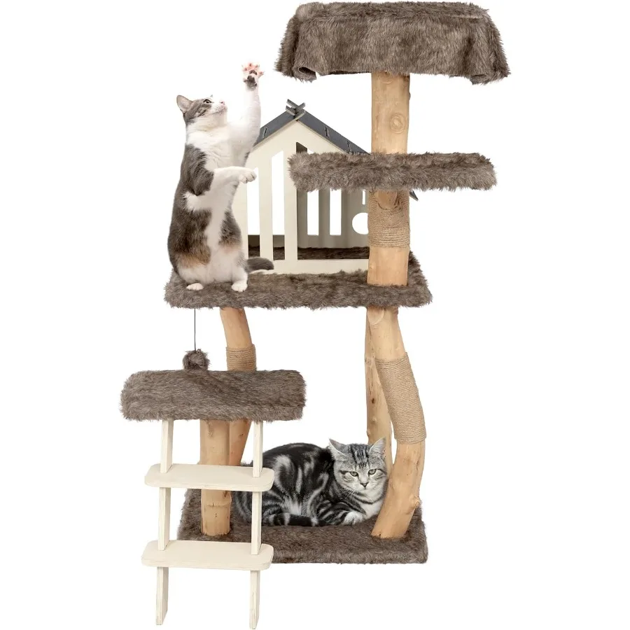 

Solid Wood Cat Tree with Cloud Luxury Cat Condo 59.8 Modern Cat Tower with Sisal Scratching Posts Soft Plush Platform Top Perch
