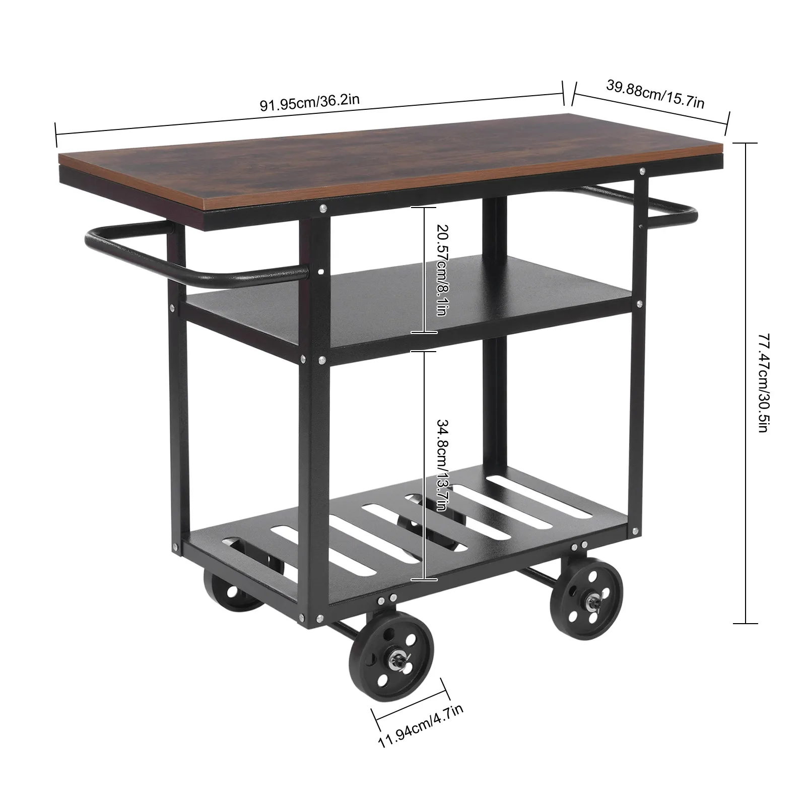 3 Tier Industrial Mobile Serving Cart With Wheels, Rolling Kitchen Storage Trolley With Side Handles, Particle Board & Carbon Steel Utility Cart For Cafe Restaurant Bar Home image 5