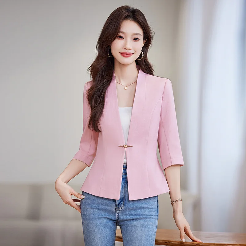 High quality women blazer three quarter sleeve slim jacket V neck autumn spring 2025 elegant office clothes pink black beige