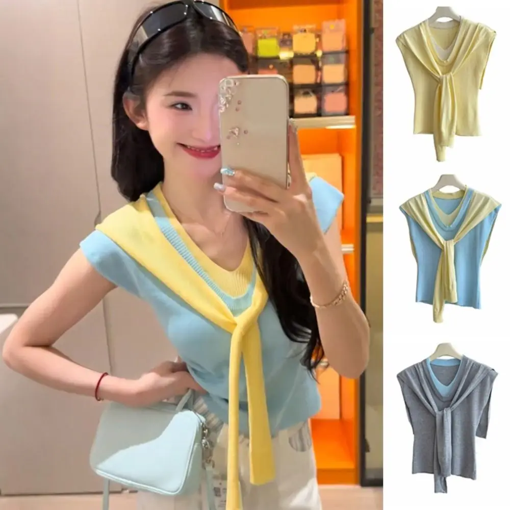 

Lace-up Fake Two Pieces T-shirts Patchwork Short Sleeve Slim Knit Crop Top Korean Style V-neck Sweet Girl's Tees Top Lady Girl