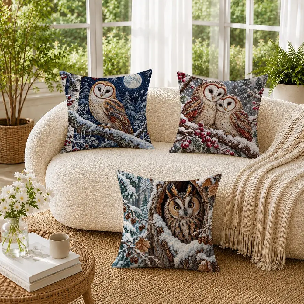 Winter Woodland Barn Owl Folk Art Cushion Cover Soft Pillow Cases Hidden Zipper Cutecore Sofa Bedroom Home Decor Gift 2