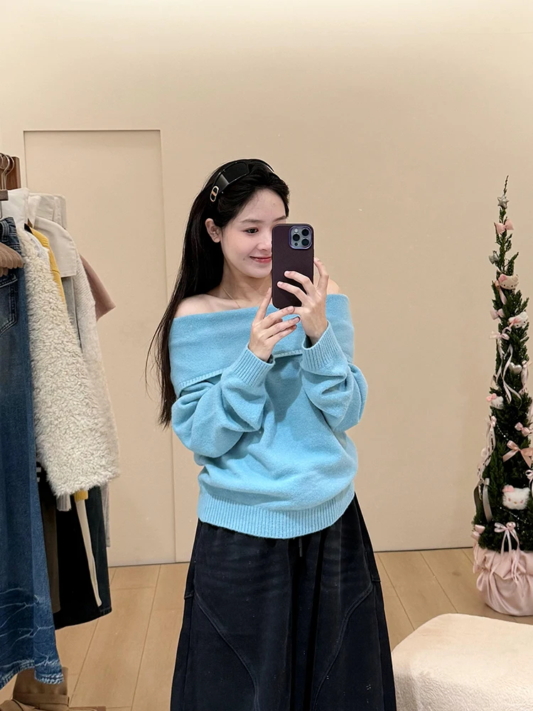 

Уникальный корейский вязаный свитер с открытыми плечами для женщин, модная весенняя верхняя одежда, удобный свободный крой, полиэстер