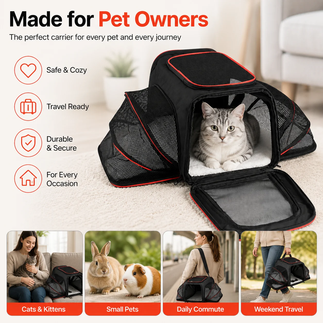

Portable Cat Travel Carrier Bag with Expandable Mesh Sides, Soft Cushion Pet Carrying Bag for Vet Visits Road Trips