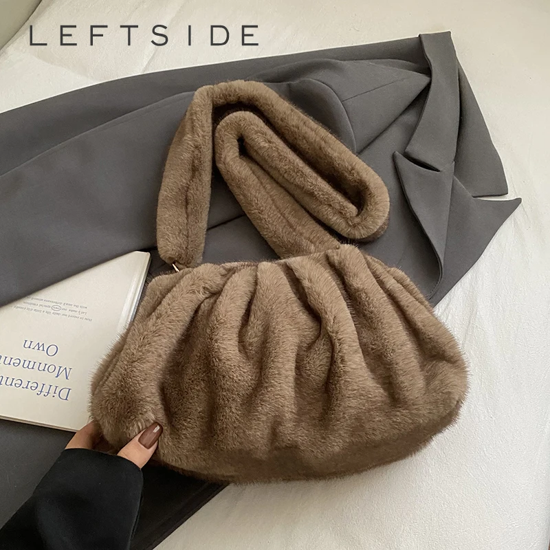 

Левая сторона, однотонные маленькие сумки на плечо из мягкого искусственного меха для женщин, зимняя тенденция 2025, корейские модные сумки, трендовая сумка через плечо