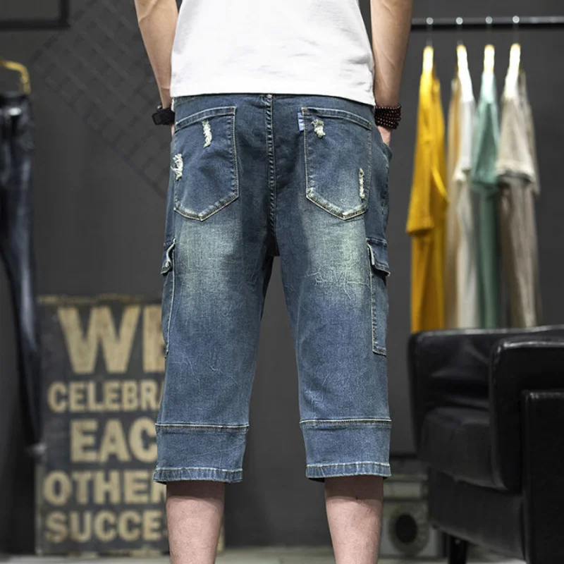 Cargo Man Denim Shorts Knee Length Half Long Bermuda Short Jeans Pants for Men with Pockets Blue Luxury Jorts Thin Streetwear Xl