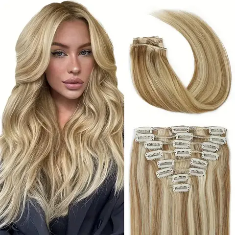 Haarverlängerungen, Echthaar, Clip-Ins, blonde Haarverlängerungen, Highlight, nahtlos, Volumen hinzufügen, 18 Clips, 8 Stück, 120 Gramm Clip-in