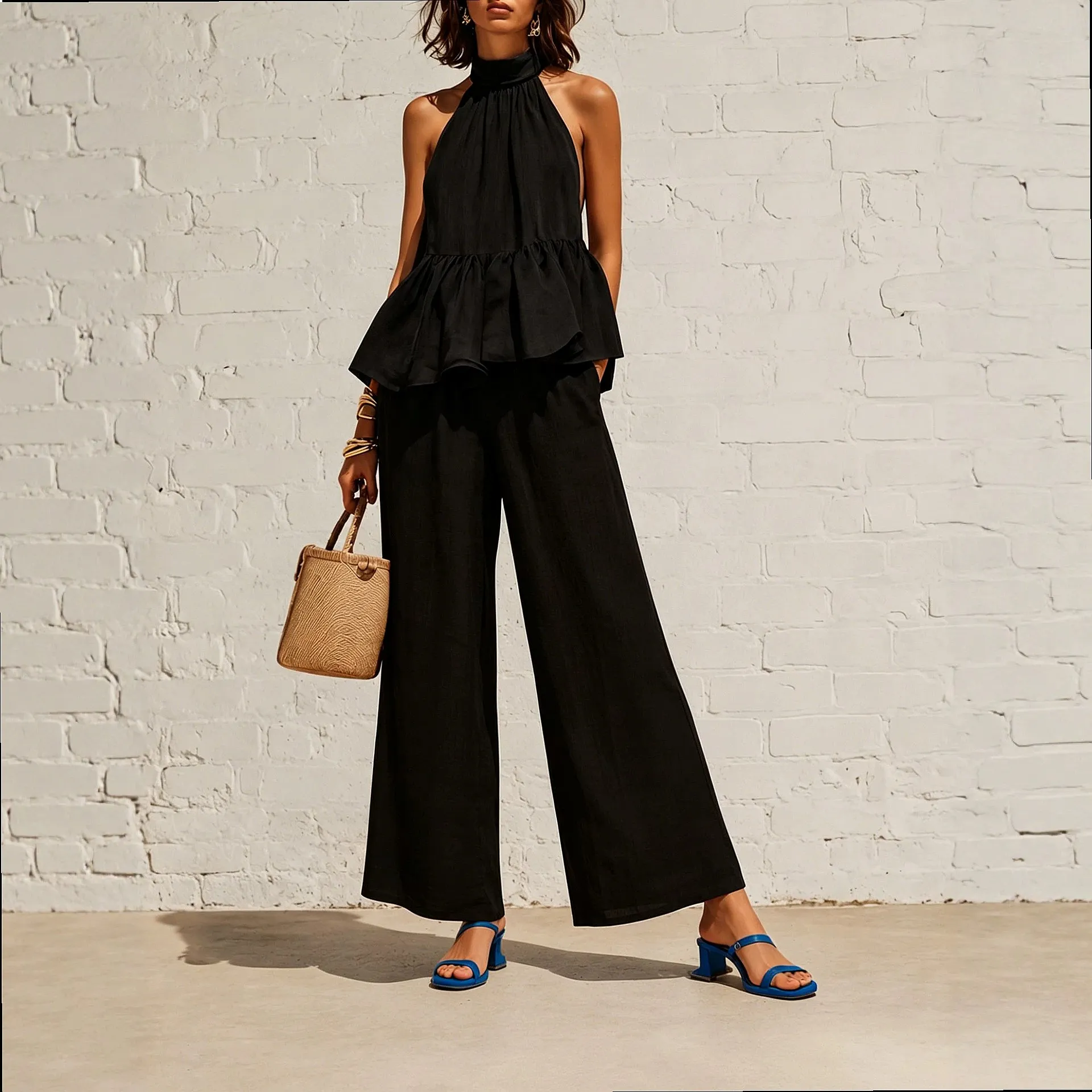 Women's Casual Hanging Neck Ruffle High Waist Loose Pants Two Piece Matching Set