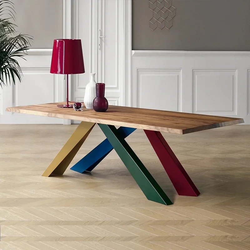 Italian light luxury solid wood dining table, North American black walnut, table designer creativity, colored table feet