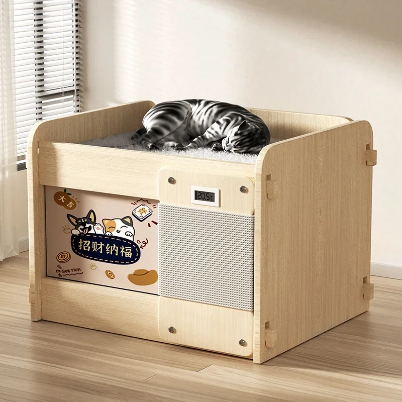 

Winter Warmth Cat House Multifunctional Cat Scratching Villa Visible Temperature Solid Wood Cat Dog Bed Security Sleeping Nest