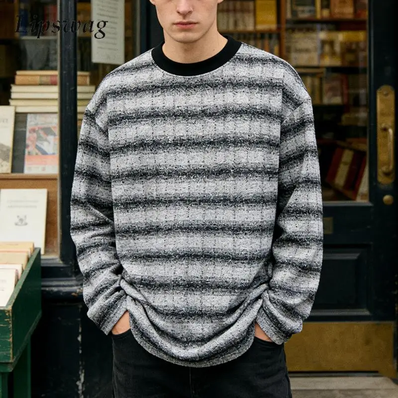 

Stylish Mens Loose Sweaters 2026 Spring Autumn Trendy Crew Neck Long Sleeve Striped Sweater Men Vintage Knitting Pullover Tops
